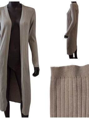 DAISY Rib-Knit Long Sleeve Open Front Maxi Cardigan Large Beige Latte New w/Tags